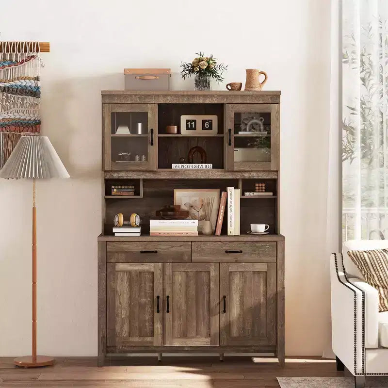 Meuble de rangement de cuisine avec plan de travail pour micro-ondes, doubles portes vitrées et 2 tiroirs