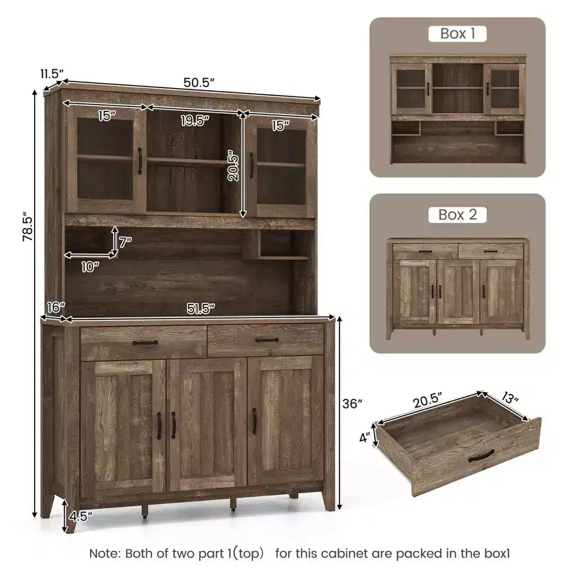 Meuble de rangement de cuisine avec plan de travail pour micro-ondes, doubles portes vitrées et 2 tiroirs