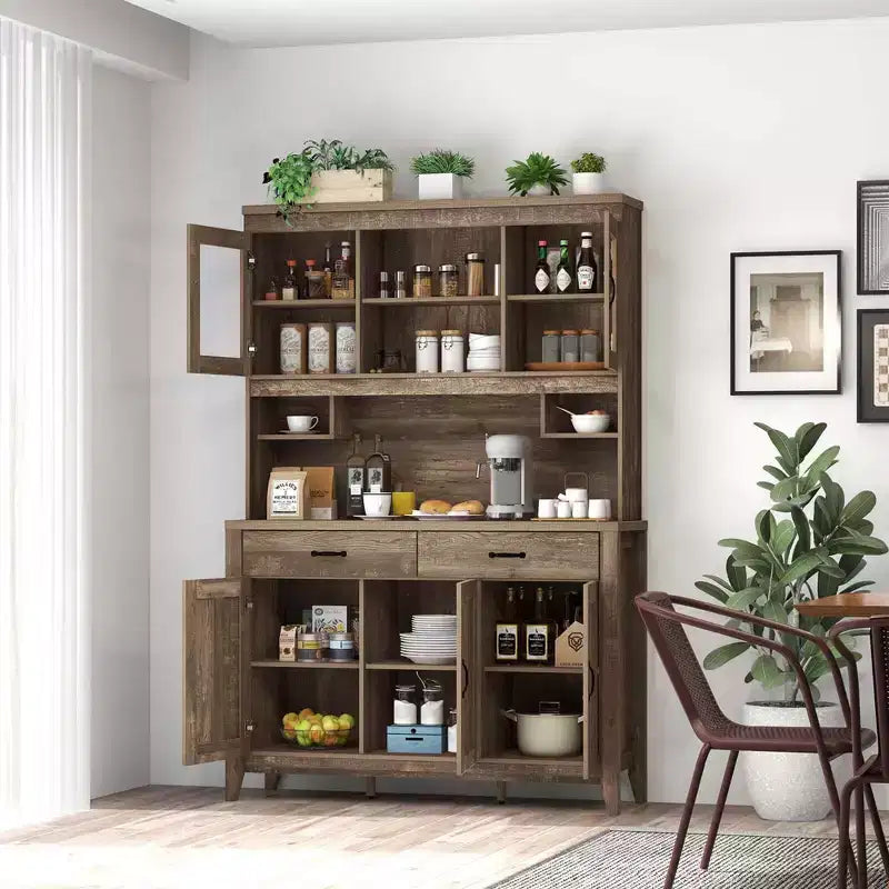 Meuble de rangement de cuisine avec plan de travail pour micro-ondes, doubles portes vitrées et 2 tiroirs