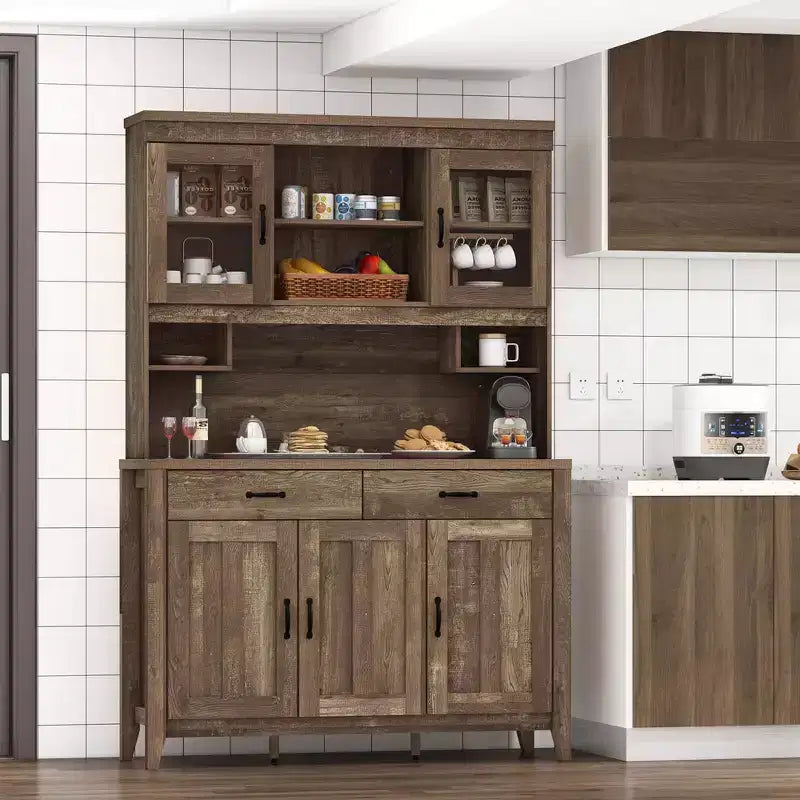 Meuble de rangement de cuisine avec plan de travail pour micro-ondes, doubles portes vitrées et 2 tiroirs