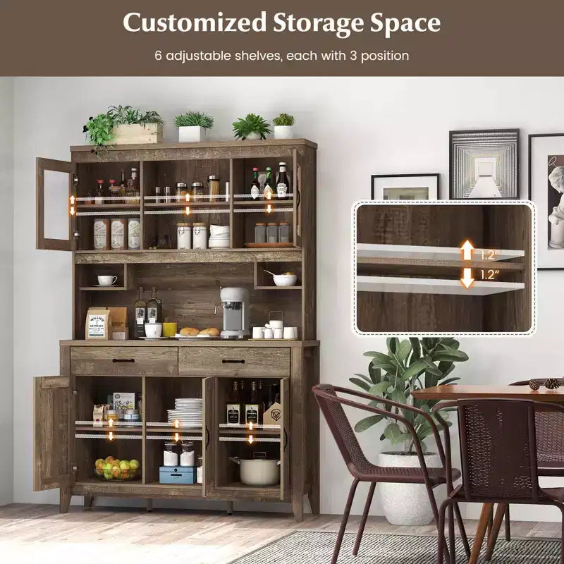 Meuble de rangement de cuisine avec plan de travail pour micro-ondes, doubles portes vitrées et 2 tiroirs