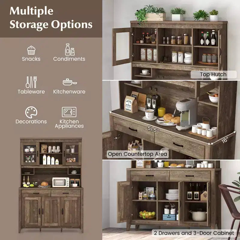 Meuble de rangement de cuisine avec plan de travail pour micro-ondes, doubles portes vitrées et 2 tiroirs
