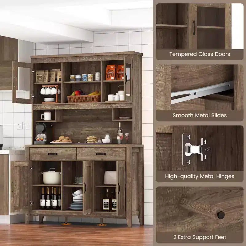 Meuble de rangement de cuisine avec plan de travail pour micro-ondes, doubles portes vitrées et 2 tiroirs