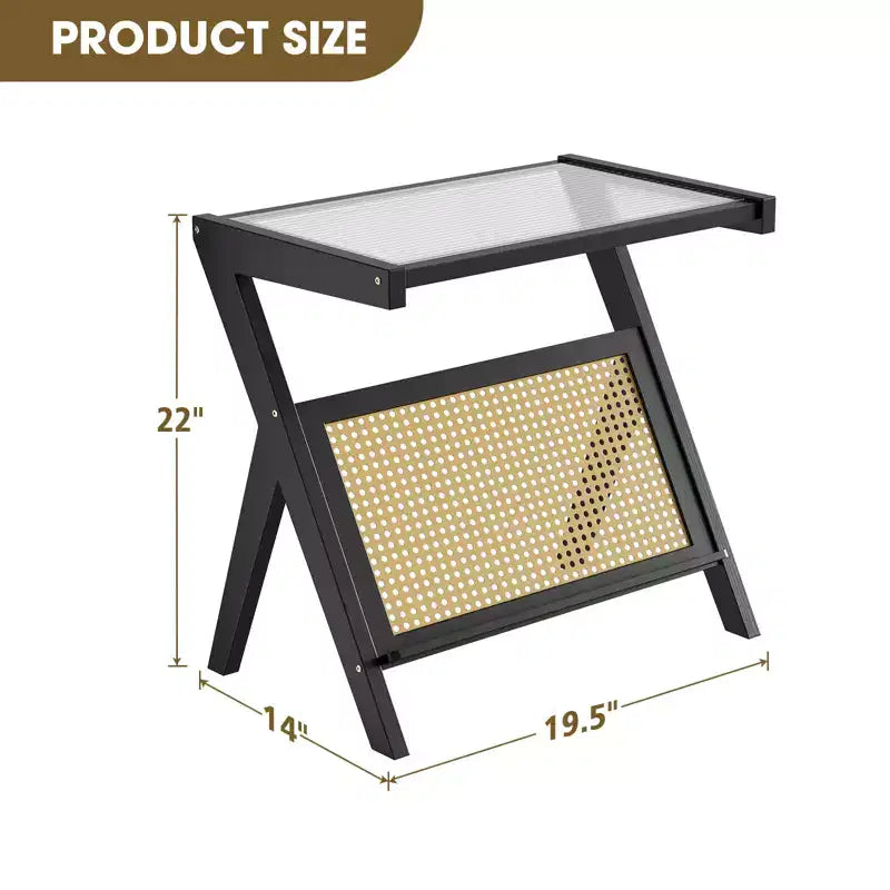 Table d'appoint en rotin en Z avec structure en bambou et plateau en verre trempé