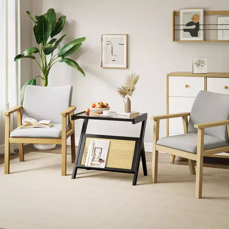 Table d'appoint en rotin en Z avec structure en bambou et plateau en verre trempé